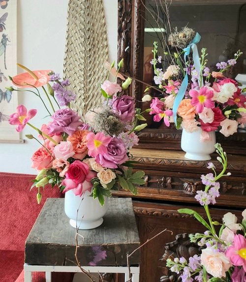Pastel garden-style floral arrangement