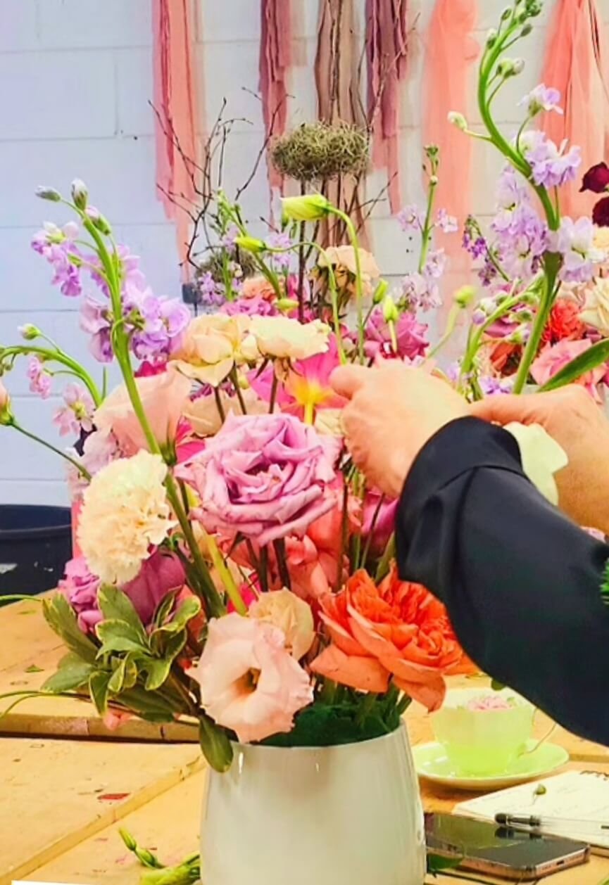 Student arrangement with contemporary floral techniques